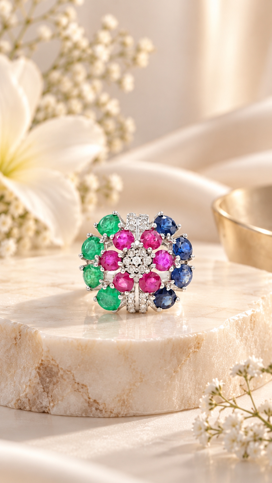 Precious Gemstone Floral Cocktail Ring